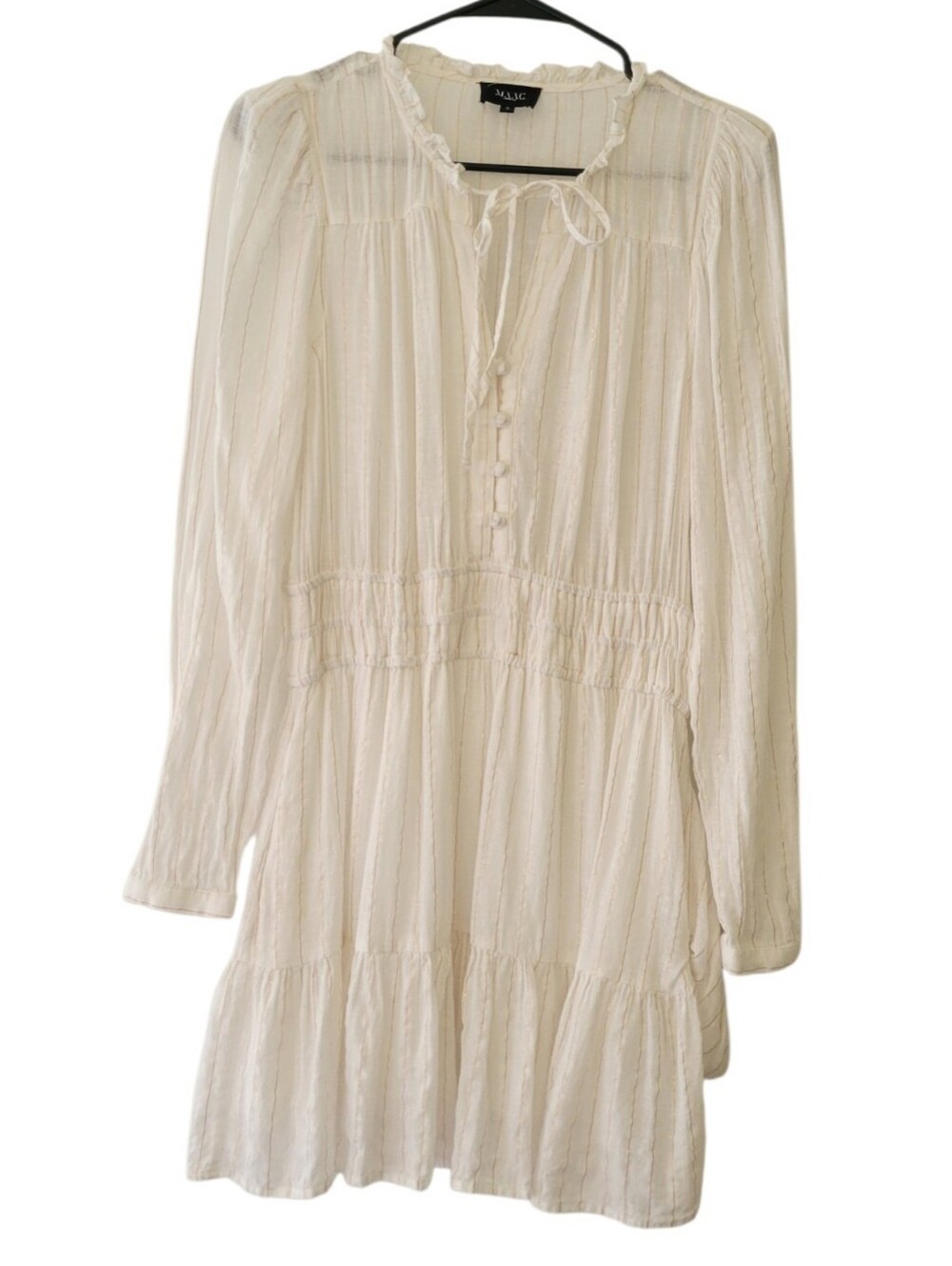 MAAC London White Linen Long Sleeve Pinstripe Flowy Boho Mini Dress Size S